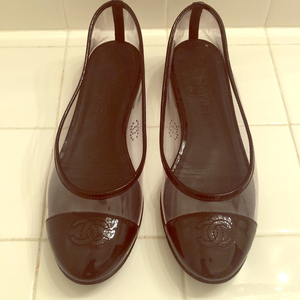 Chanel PVS clear, patent cap toe ballerina CC flat